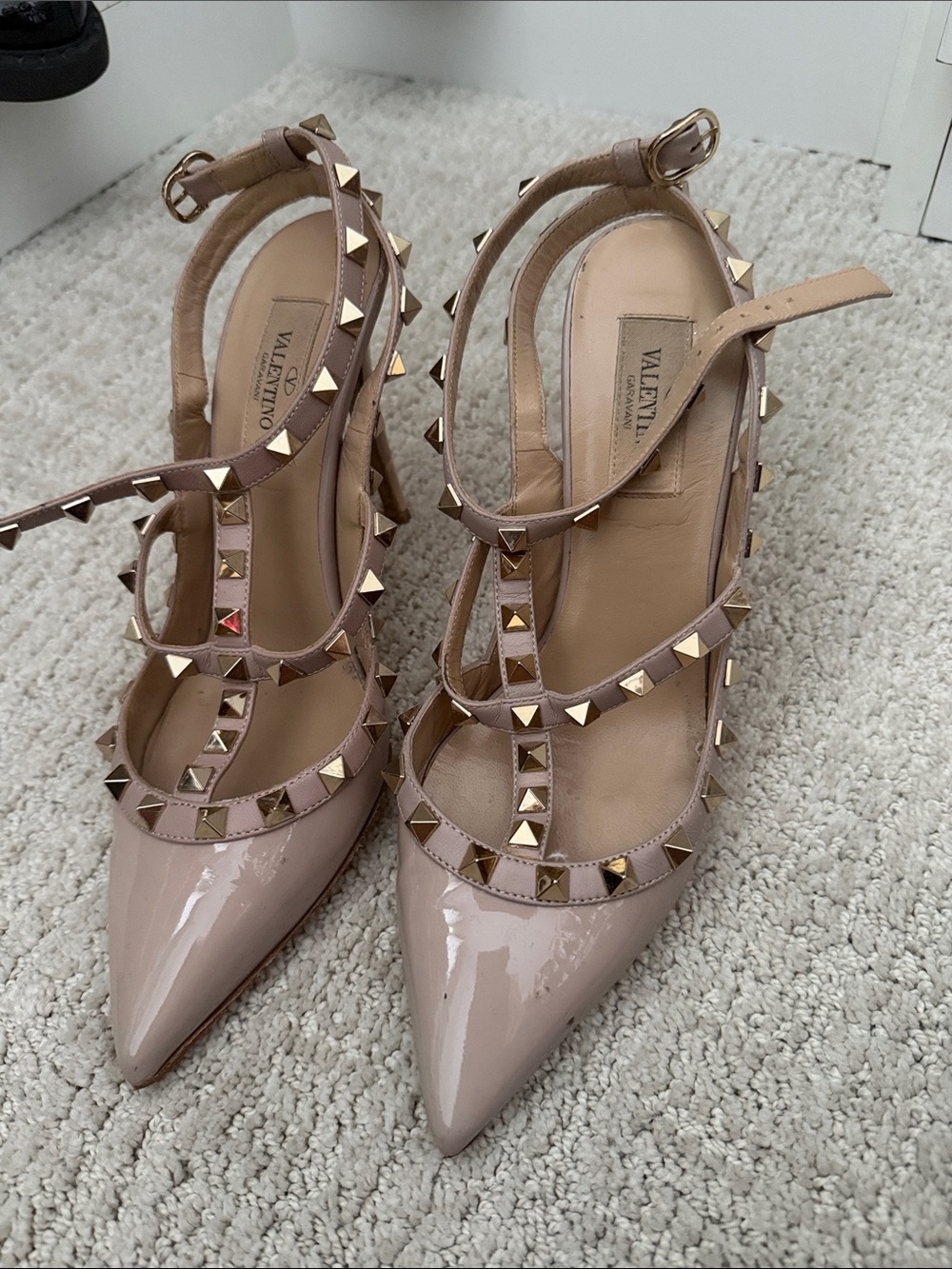 Valentino Nude Patent Leather Rockstud T-Strap Pumps